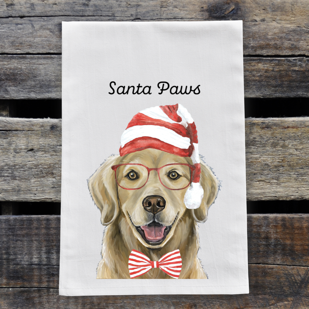 Christmas Dog Tea Towel, 'Santa Paws' Golden Retriever Towel - NashvilleSpiceCompany