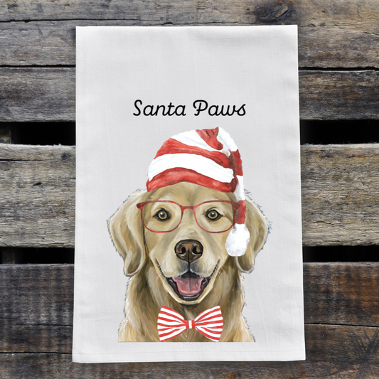 Christmas Dog Tea Towel, 'Santa Paws' Golden Retriever Towel - NashvilleSpiceCompany